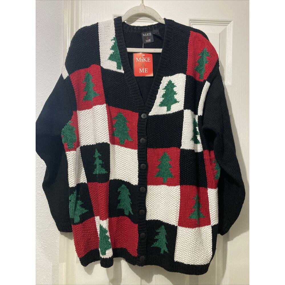 Vintage Mike & Me Christmas Tree Cardigan Sweater Size 2X Holiday Winter Teacher